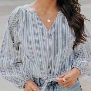 Low-cut V-neck Elegant Striped Tie-Front Blouse